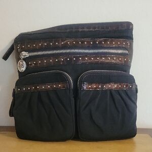Brighton Black Brown Nylon Croc Crossbody multi zip adjustable strap
